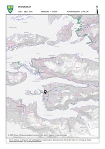 Oversikt over Meløy kommune med topografi, vann og infrastruktur, med en markert plassering.