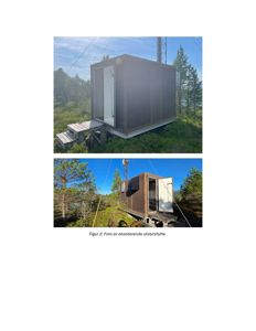 Fotografier av en eksisterende utstyrshytte sett fra ulike vinkler.