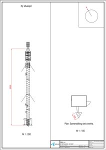 Situasjonsplan som viser en ny situasjon for en mast (NY MAST) med mål og orientering.