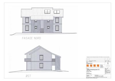 Bildet viser to fasadetegninger av en bygning, merket 'FASADE NORD' og 'ØST', som viser bygningens utseende fra utsiden.