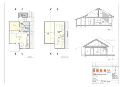 Bildet viser etasjeplaner for 2. etasje og 3. etasjer loft, samt snittegninger (A og B) av bygningen.
