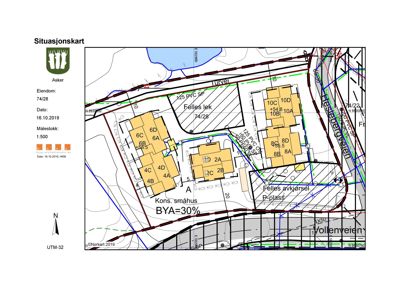 Situasjonskart som viser eiendomsnummer, bygningstilhørighet, veier og tomtegrenser.
