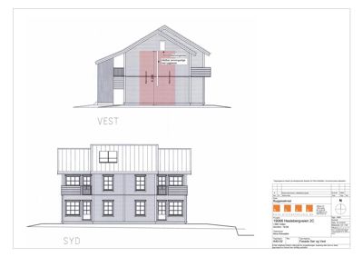 Fasadetegning som viser bygningens utseende sett fra vest og syd.