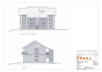 Fasadetegning som viser bygningens utseende sett fra nord og øst.