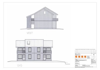 Fasadetegning som viser bygningens utseende fra syd og vest.