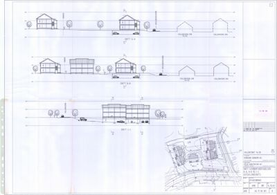 Bildet viser tre snittegninger (SNITT A-A, SNITT B-B, SNITT C-C) av en bygning, samt en situasjonsplan i nederste høyre hjørne.