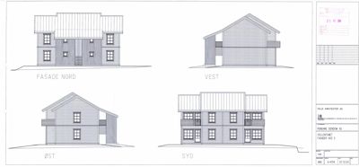 Fasadetegning som viser bygningens utsikt fra fire sider: Nord, Vest, Øst og Syd.