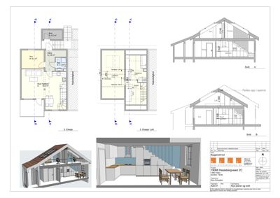 Bildet viser en tegningsside med etasjeplaner (2. etasje, 3. etasje Loft), snittegninger (Snitt A, Snitt B) og en 3D-rendering av bygningens indre. Dette er en kombinasjon av planer og snitt, men hovedfokus er på romfordeling og etasjer.