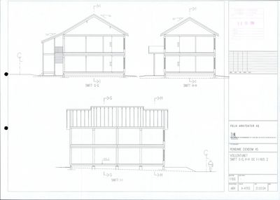 Snittegning som viser tverrsnittet av en bygning (hus 2) gjennom snittlinjene G-G, H-H og I-I.