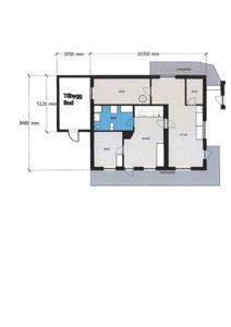 Etasjeplan med romfordeling, mål og utforming av et hus.