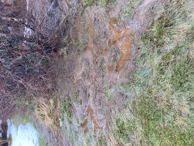 Fotografi av et vått, muddret område med grøft eller vannløp, muligens en del av et byggeområde eller naturterreng.