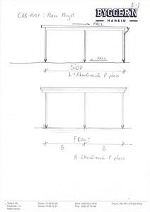 Teknisk tegning som viser oppriss og mål for en bilport (car-port) sett fra siden og front.