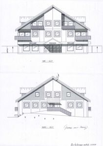 Tegning som viser fasadeopprikk (SØR - AUST og NORD - VEST) av en bygning med vinduer, balkonger og inngang.