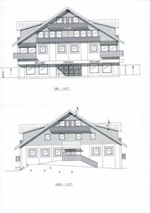 Bildet viser to tegninger av en bygning sett fra utsiden. Øverste tegning er en fasade mot sør-øst (SØR - AUST), og nederste tegning er en fasade mot nord-vest (NORD - VEST).