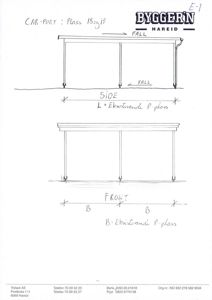 En håndtegnet oppriss (fasetegning) av en bilport (car-port) sett fra front og side, med angitte mål og fall.