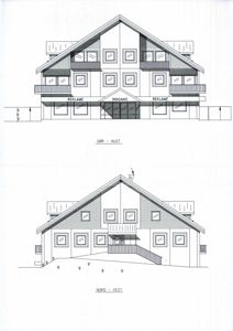 Bildet viser to fasadetegninger av en bygning sett fra ulike vinkler (Sør-Aust og Nord-Vest).