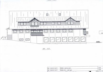 Fasadetegning som viser bygningens utseende sett fra sør-vest.