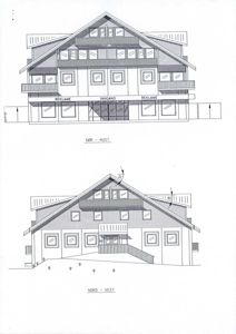 Bildet viser to fasadetegninger av en bygning. Øverste tegning er merket 'SØR - AUST' (Sør-Aust) og viser fronten med inngang og reklame. Nedre tegning er merket 'NORD - VEST' og viser siden av bygningen med trapp opp til inngang.