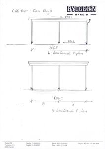 En håndtegnet teknisk detaljtegning for en bilport (car-port) som viser oppriss fra side og front med mål og konstruksjonsdetaljer.