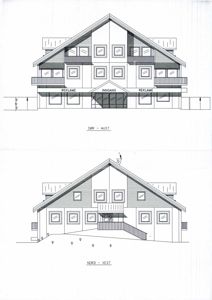 Tegning som viser fasadeopprikk (fra nord-vest og sør-øst) av en bygning med vinduer, balkonger og inngang.