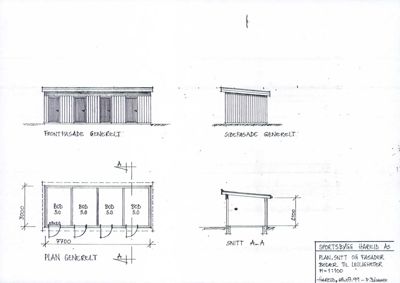 Bildet viser en tegning med front- og sidefasade, samt et snitt og en plan for en bygning.