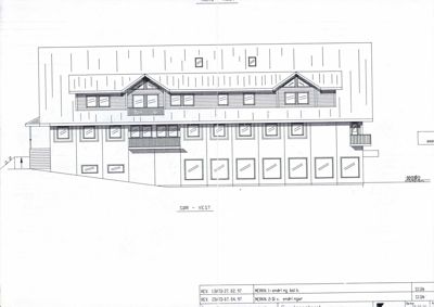 Fasadetegning som viser bygningens utseende sett fra sør-vest.