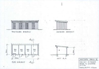 Tegning som viser front- og sidefasade, samt et snitt (A-A) av en bygning med fire boder.