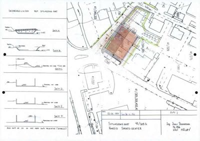 Situasjonskart med bygningens plassering på tomten, omgivende eiendommer og snittegninger (A-F) som viser høydeforskjeller og terrengform.