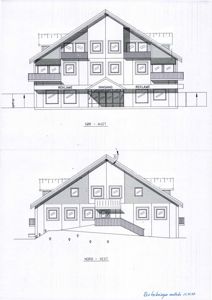 Tegning som viser fasadeoppsettet for en bygning sett fra to ulike retninger (Sør-Aust og Nord-Vest).