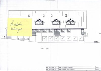 Fasadetegning som viser bygningens utseende sett fra sør-vest, med vinduer, balkonger og takform.