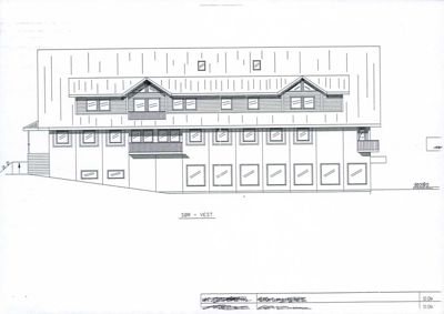 Fasadetegning som viser bygningens utseende sett fra vest (SØR - VEST).