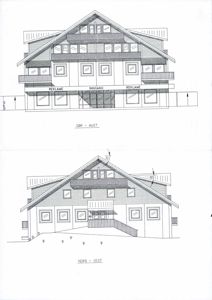 Bildet viser to fasadetegninger (opprikk) av en bygning sett fra ulike sider (SØR - AUST og NORD - VEST).