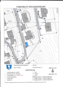 Forenklet situasjonskart som viser eiendomsgrenser, vannledninger og beliggenhet for en bygning.
