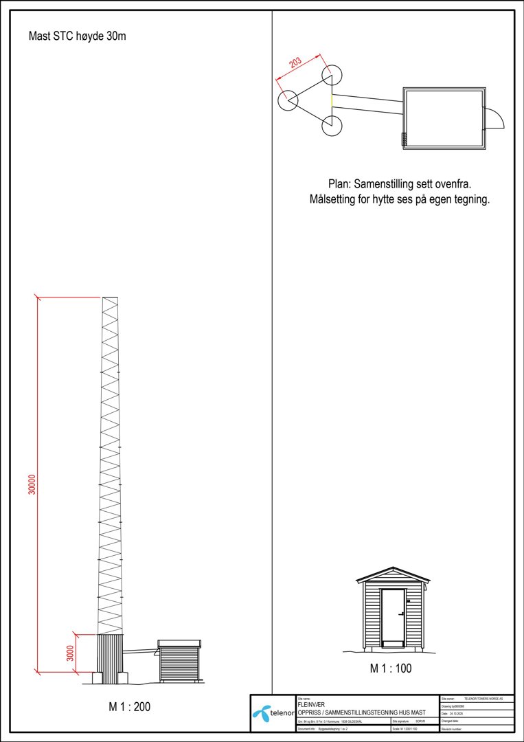 Oppriss (fasettegning) av en mast med en hytte i bunnen, sett fra siden.