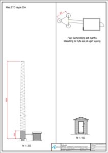 Oppriss (fasettegning) av en mast med en hytte i bunnen, sett fra siden.
