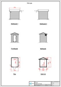 Fasadetegning for en TM3-hytte som viser Sidefasade 1, Sidefasade 2, Frontfasade og Bakfasade, samt en snittegning (Snitt A-A) og et planutsnitt.