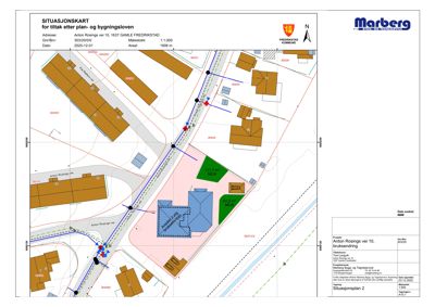 Situasjonskart som viser tomtens plassering i forhold til nabolaget, veier og bygninger.
