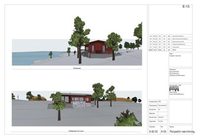 Perspektivtegning (rendering) av en hytte sett fra to ulike vinkler: 'Sørfasade' og 'Vestfasade mot sund'. Tegningen viser bygningens utseende i forhold til omgivelsene, inkludert trær, terreng og vann.