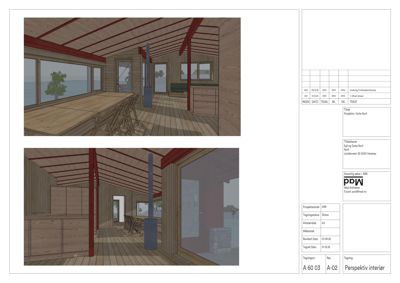 3D-perspektivtegning (rendering) av et husinteriør med møbler og innredning.