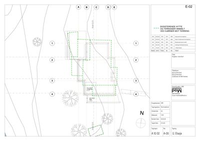 Situasjonsplan som viser eksisterende hytte og terrasser innmålt ved hjørner mot terrenget, med angivelse av skråninger, skog og skriftlig notat om 'tilbakeføring'.