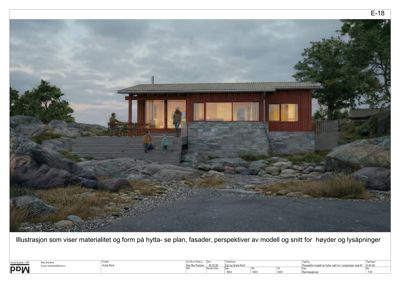 3D-visualisering (rendering) av en hytte med fokus på fasade, materialvalg og omgivelsene.