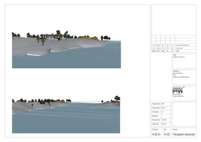 3D-visualisering (rendering) av et hus ved vannet sett fra utsiden.