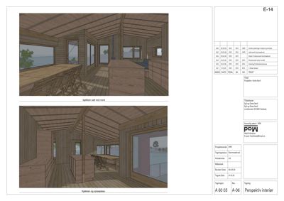 Perspektivtegning (rendering) av kjøkken og spiseområde i en hytte.