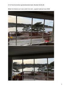 Fotografier av et interiør med utsikt mot en tomt og eksisterende hytte, inkludert en terrasse.