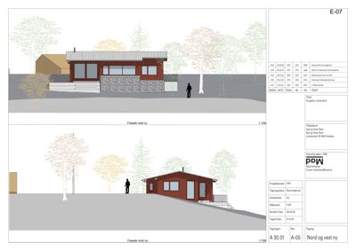 Fasadetegning som viser bygningens utseende fra nord og vest med omgivelsene.
