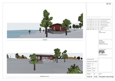 Perspektivtegning (3D-visualisering) av en hytte sett fra to ulike vinkler: Sørfasade og Vestfasade mot sund.