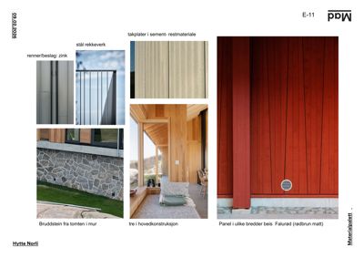Et sammensatt bilde (collage) som viser ulike materialvalg og detaljer fra en byggesak, inkludert fasadeelementer, takplater, innvendig trekonstruksjon og en sitteplass.