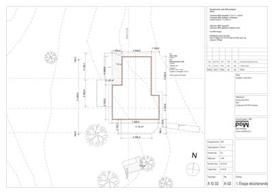Etasjeplan (1. etasje eksisterende) med romfordeling, mål og arealoppdeling.