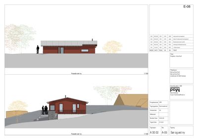 Fasadetegning som viser bygningens utseende fra øst og vest, inkludert terrengforhold og omgivelsene.