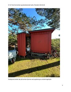 Fotografi av en eksisterende rød hytte og uthus på tomten, inkludert tekst om at slike boder fjernes ved oppføring av erstatningshytte.